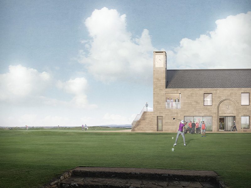 Illustration of a golfer teeing off in front of a golf clubhouse.