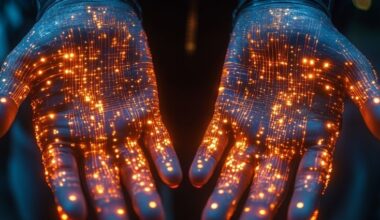 Hands reaching out, with a current running through them symbolising technology