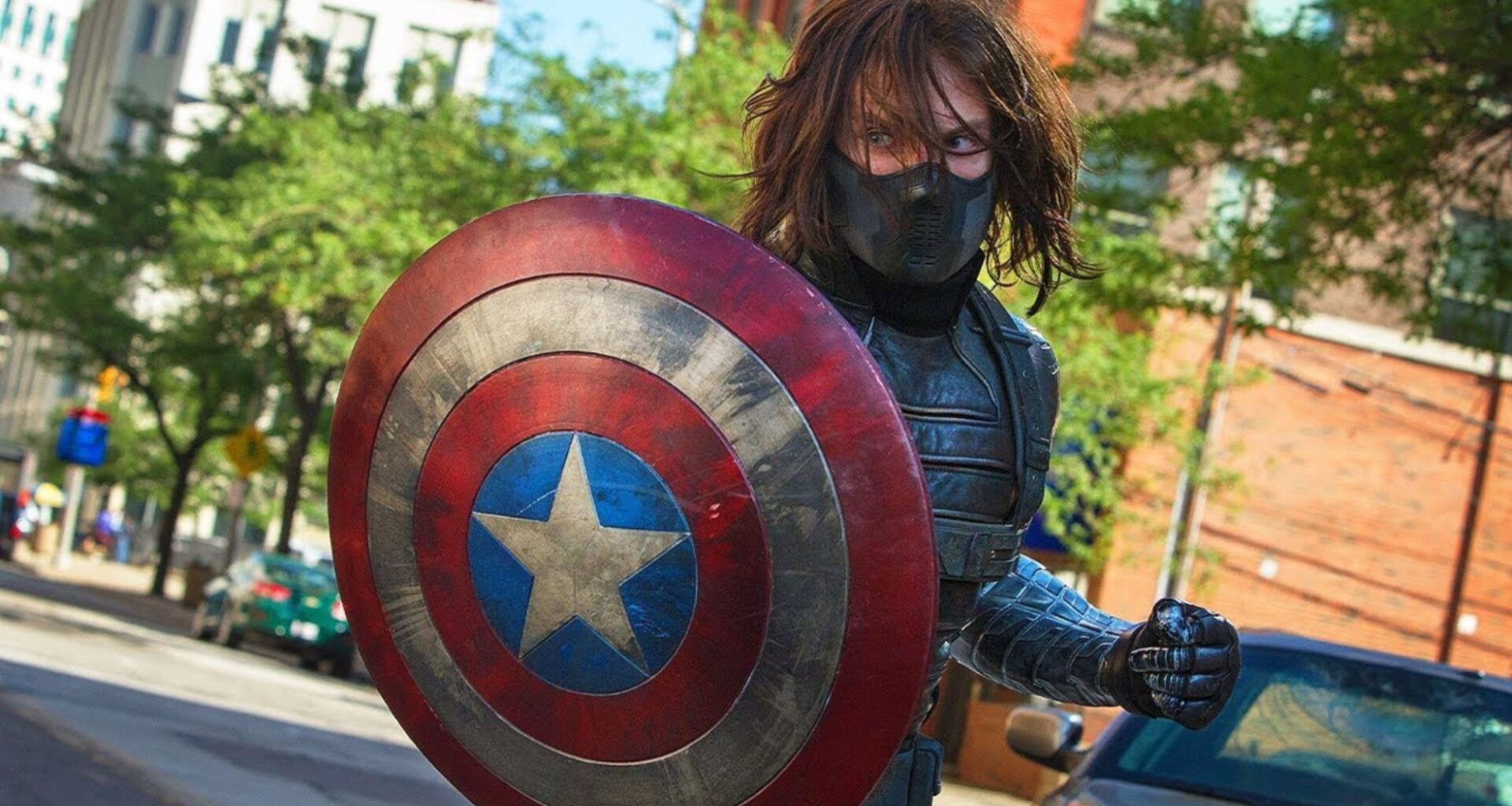 Bucky with Captain America shield in The Winter Soldier