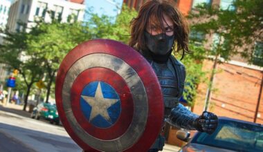 Bucky with Captain America shield in The Winter Soldier