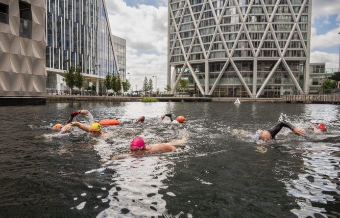 Swimmers at Canary Wharf practise front crawl