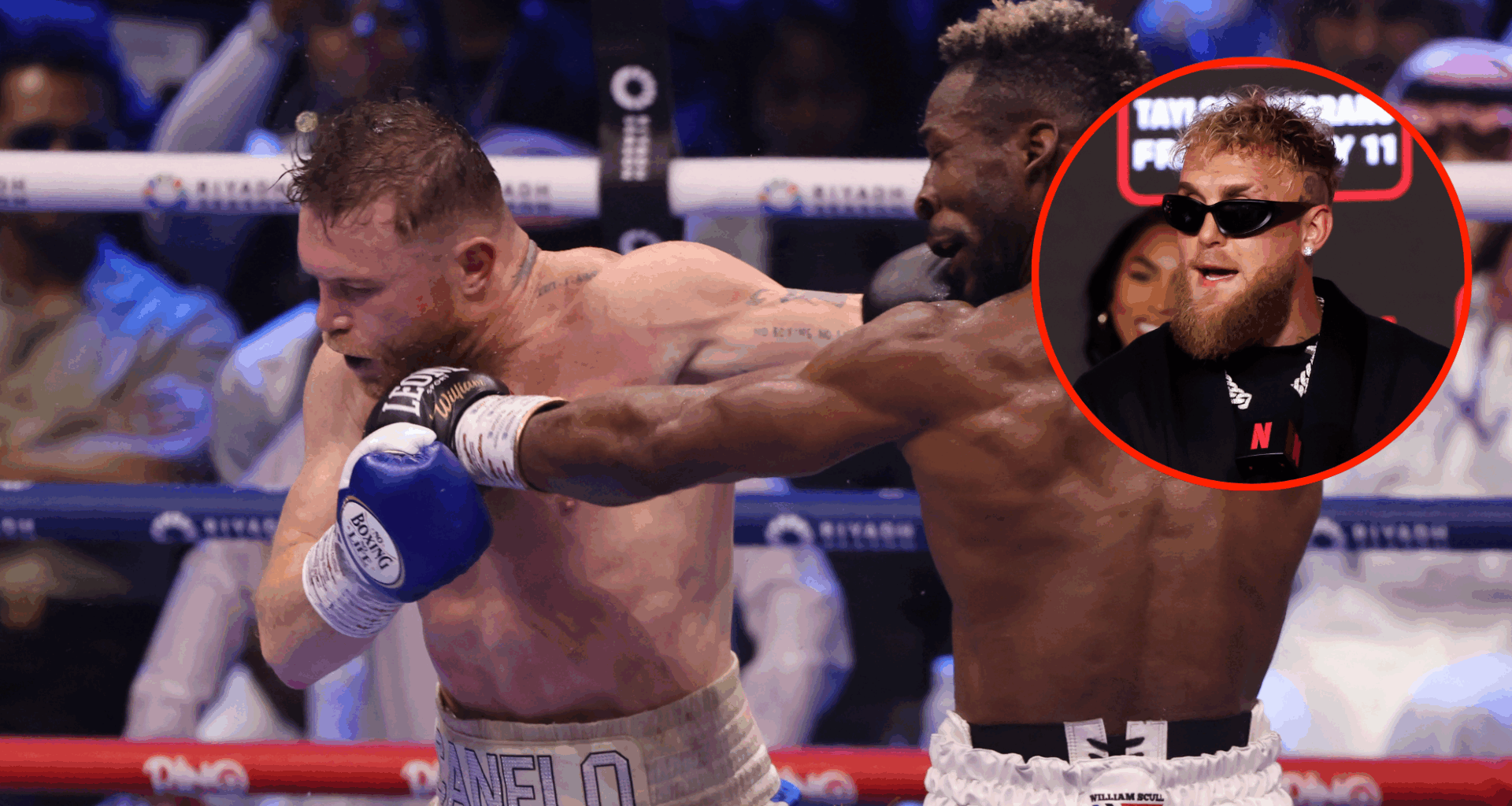 Main photo shows Canelo Alvarez and William Scull punch one another. Bubble shows Jake Paul wearing sunglasses speaking at a press conference