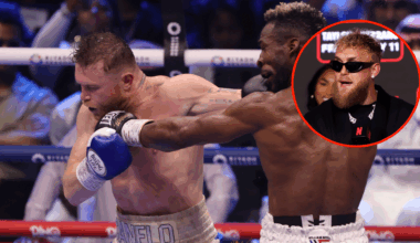 Main photo shows Canelo Alvarez and William Scull punch one another. Bubble shows Jake Paul wearing sunglasses speaking at a press conference