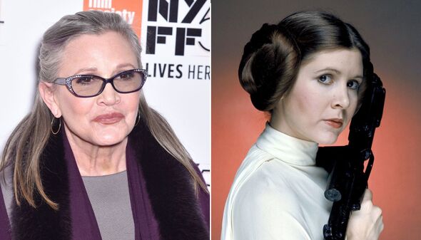 Split image close ups of Carrie Fisher and Princess Leia