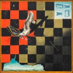 A painting with a checkerboard background that shifts from red and black to white and black with a various objects in the middle