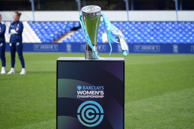 A general image of the Barclays Women's Championship trophy on the pitch.