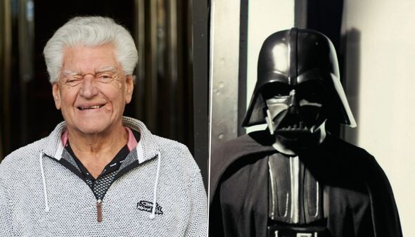 Split image close ups of David Prowse and Darth Vader