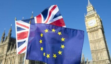 EU and UK flags flying in front of Big Ben and the Houses of Parliament at Westminster Palace, London.