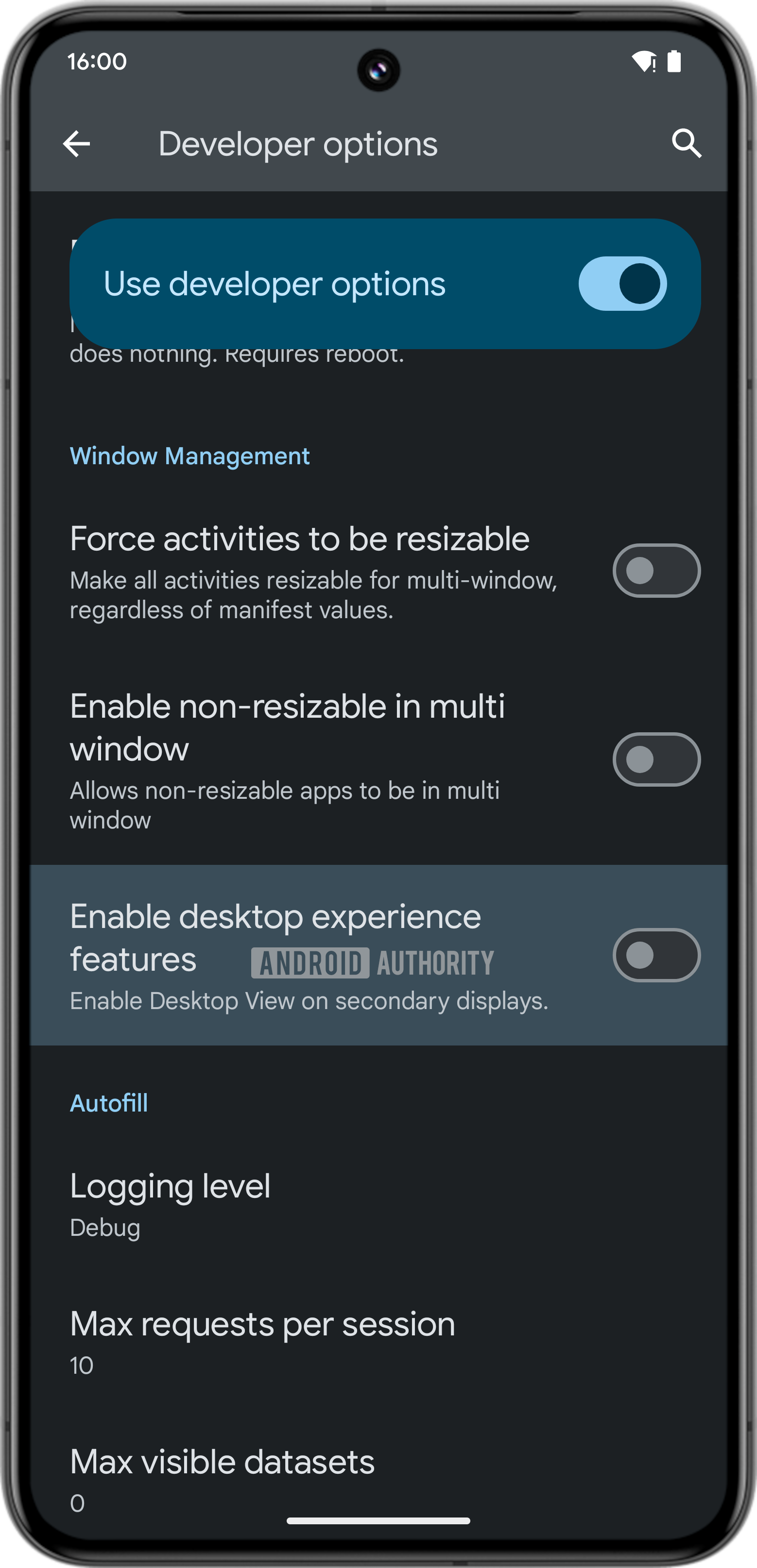 Enable desktop experience features in Android 16