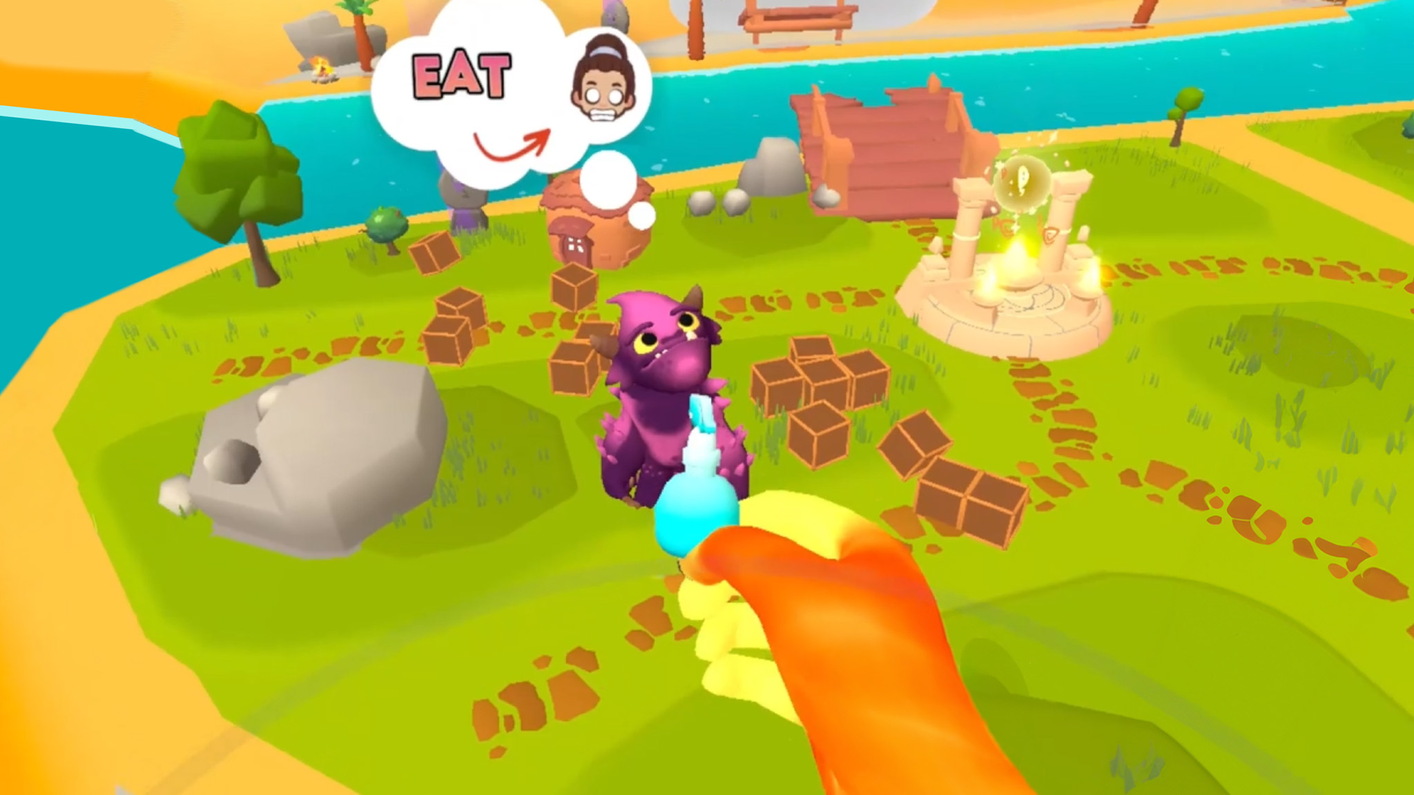 An official screenshot of How to God for the Meta Quest 3 showing your creature getting disciplined by a spray bottle for thinking of eating a villager