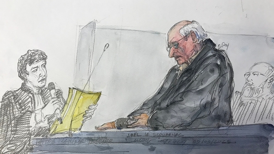 This court sketch shows lawyer Maxime Tessier (L) and retired French surgeon Joel Le Scouarnec during the trial of Le Scouarnec on charges of assaulting or raping 299 patients, at the Criminal Court in Vannes.(AFP)