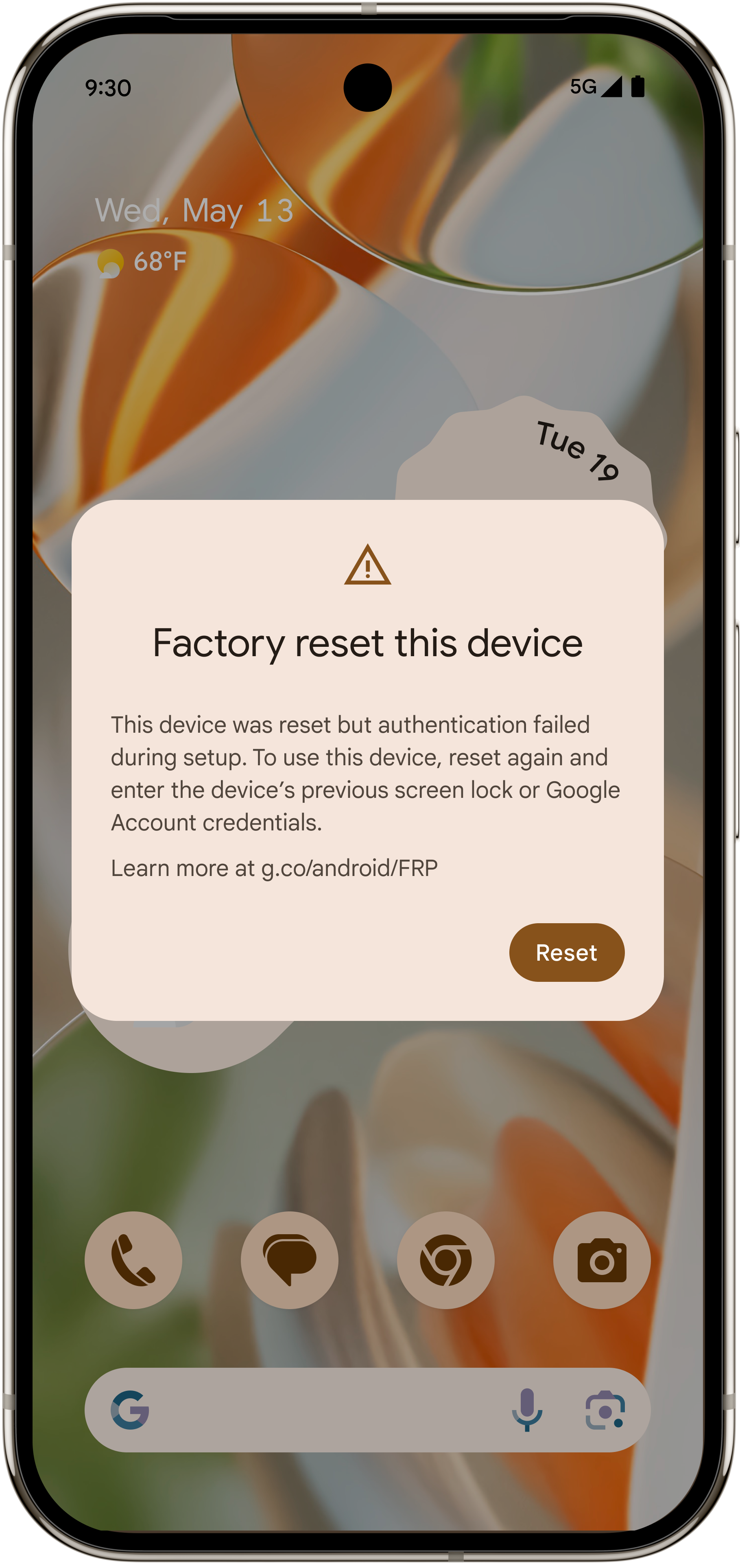 Factory reset protection dialog telling user to factory reset again