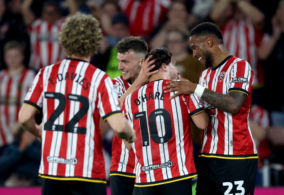 SHEFFIELD, ENGLAND - MAY 12: Callum O'Hare of Sheffield United celebrates with his teammates after scoring his team's third goal during the Sky Bet Championship Play-Off Semi Final Second Leg match between Sheffield United and Bristol City at Bramall Lane on May 12, 2025 in Sheffield, England. (Photo by Carl Recine/Getty Images)