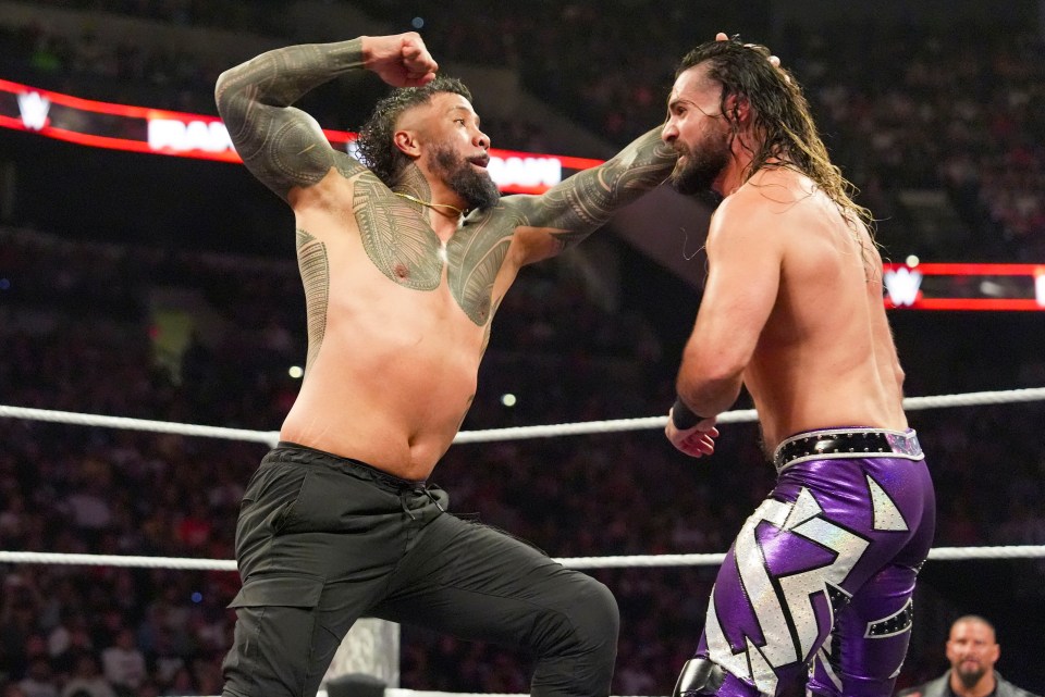 OMAHA, NEBRASKA - MAY 5: Jey Uso in action against Seth Rollins during Monday Night RAW at CHI Health Center on May 5, 2025 in Omaha, Nebraska. (Photo by Craig Melvin /WWE via Getty Images)