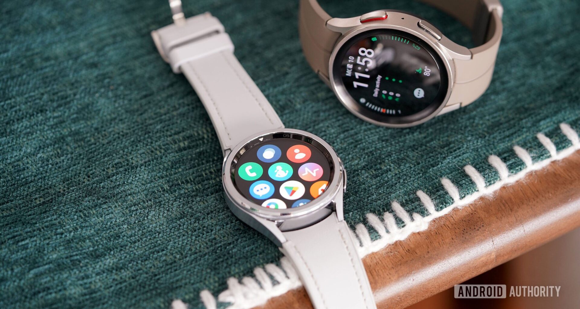 A Galaxy Watch 5 Pro rests alongside a Galaxy Watch 6 Classic.
