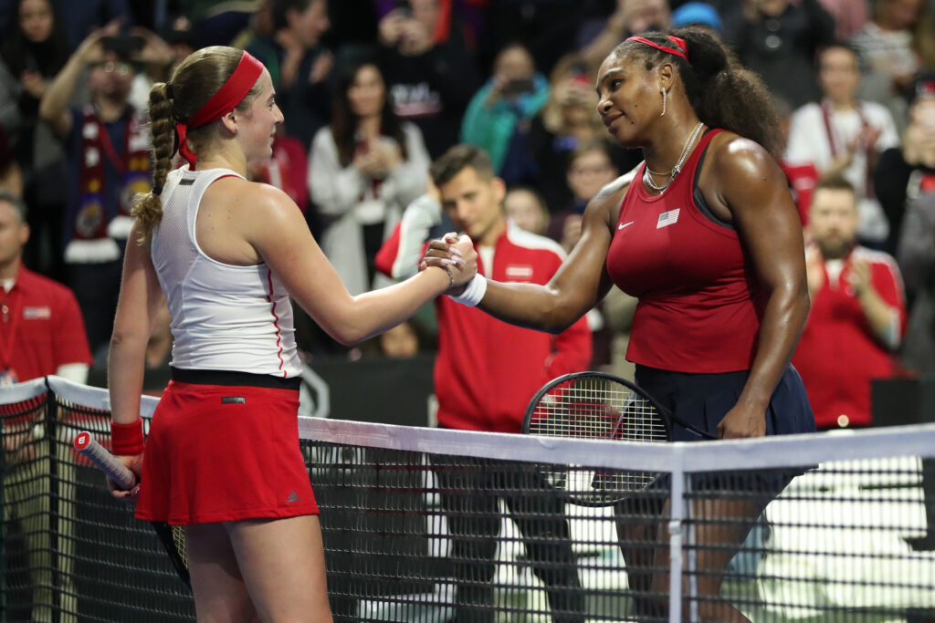 2020 Fed Cup - Latvia v USA. Jelena Ostapenko of Latvia and Serena Williams of USA shake hands after Williams defeated Ostapenko of Latvia in two sets during the 2020 Fed Cup qualifier between USA and Latvia at Angel of the Winds Arena on February 07, 2020 in Everett, Washington.