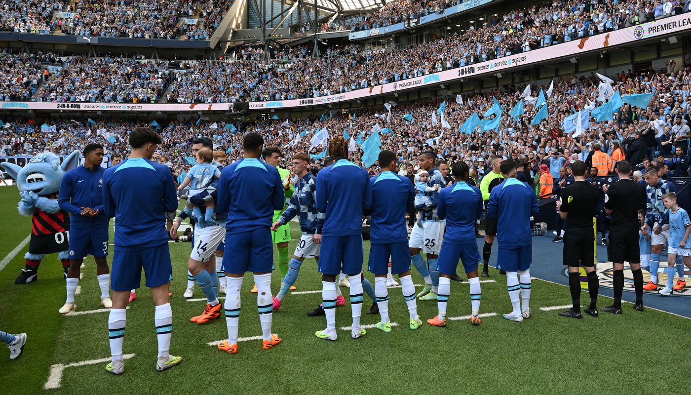 2022/23: A sea of blue at the Etihad Stadium as Chelsea applaud champions Man City