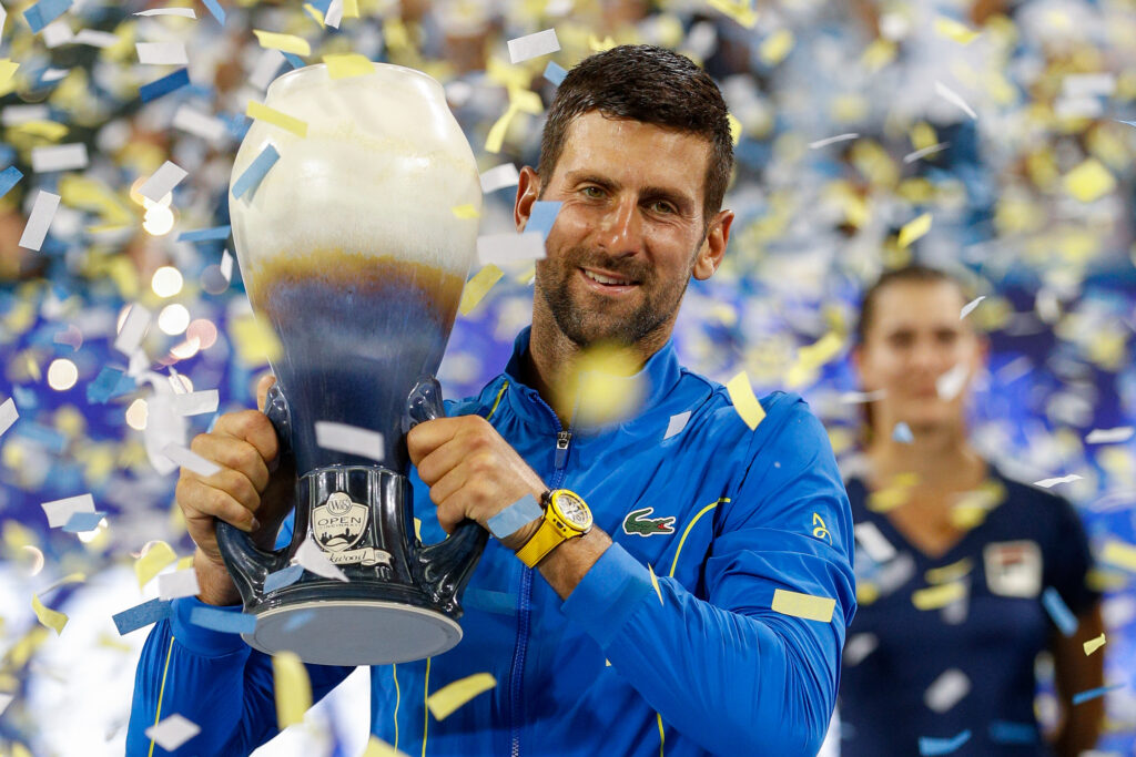 Novak Djokovic celebrates with the 2023 Cincinnati Open title