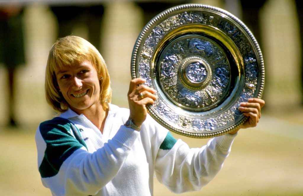 Jul 1987:  Martina Navratilova of the USA holds up the winner plate after winning the Wimbledon Championships played at Wimbledon, London, England.   Mandatory Credit: Allsport UK /Allsport