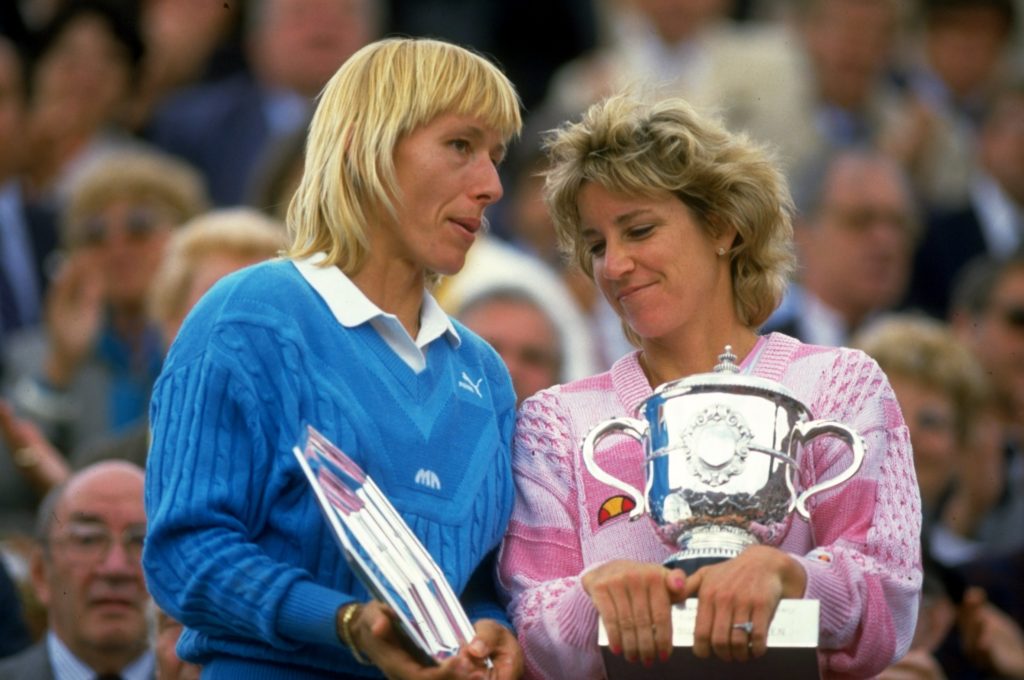 May-Jun 1986:  Martina Navratilova (left) of the USA chats with Chris Evert also of the USA as they hold their respective trophies after the Womens Singles final during the French Open at Roland Garros in Paris.  Mandatory Credit: Allsport UK /Allsport