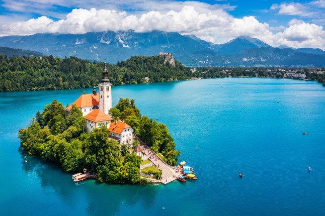 The picturesque blue Lake Bled in Slovenia.