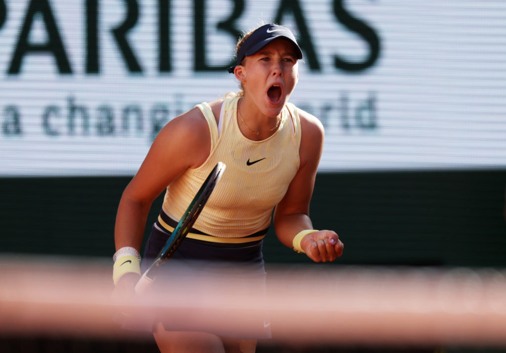 Mirra Andreeva celebrating winning a point against Aryna Sabalenka at the 2024 French Open