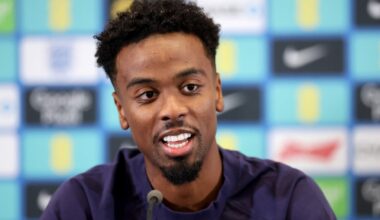 Angel Gomes of England speaks to the media during a press conference at St Georges Park on September 04, 2024 in Burton-upon-Trent, England.