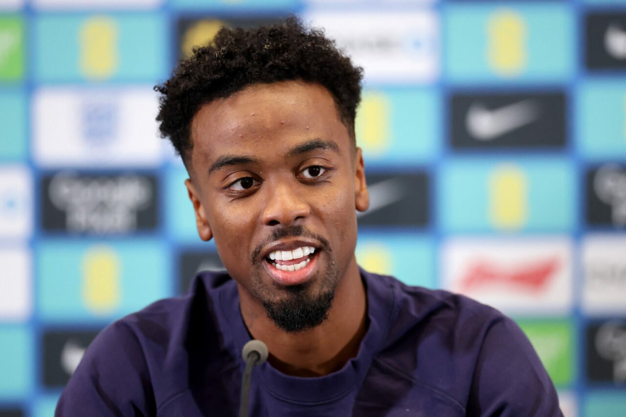 Angel Gomes of England speaks to the media during a press conference at St Georges Park on September 04, 2024 in Burton-upon-Trent, England.