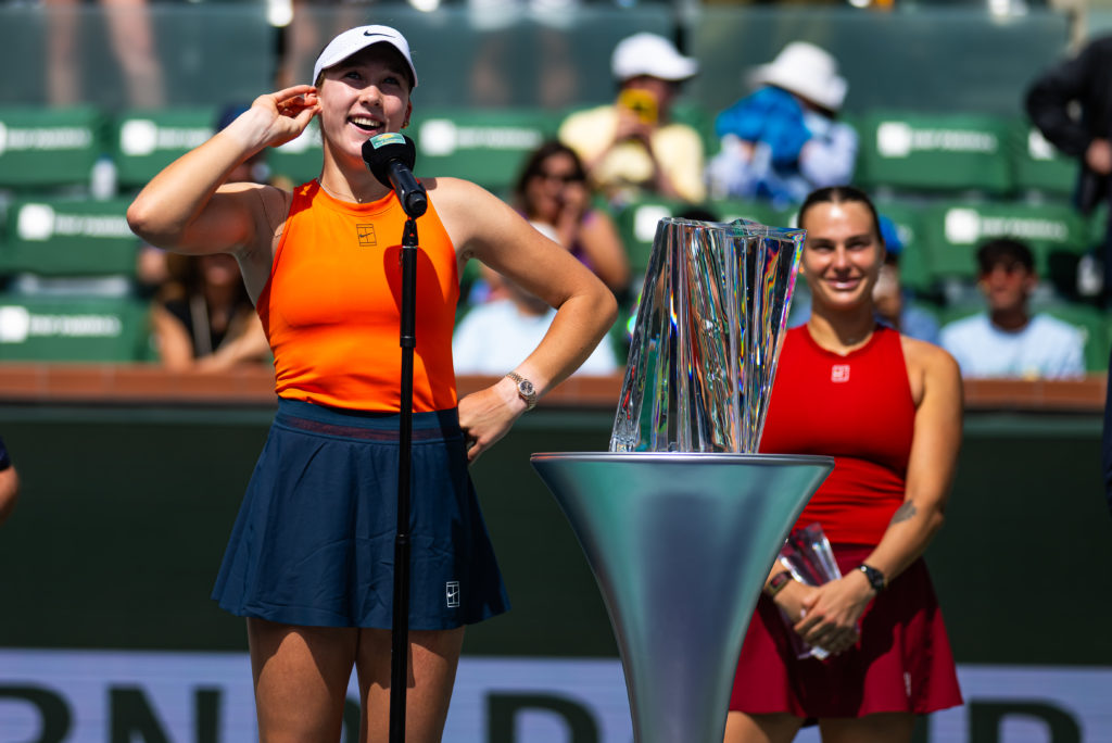 Mirra Andreeva speaks during the trophy presentation after beating Aryna Sabalenka in the 205 Indian Wells final