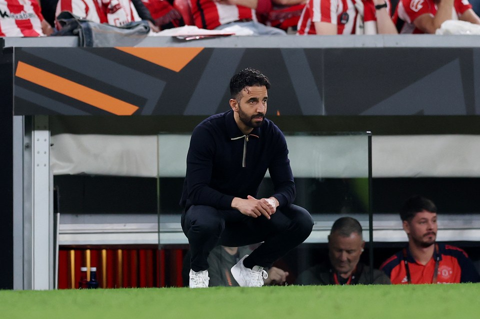 BILBAO, SPAIN - MAY 01: Ruben Amorim, Manager of Manchester United, looks on during the UEFA Europa League 2024/25 Semi Final First Leg match between Athletic Bilbao and Manchester United at San Mames Stadium on May 01, 2025 in Bilbao, Spain. (Photo by Clive Brunskill/Getty Images)