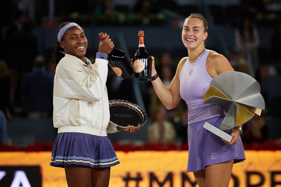MADRID, SPAIN - MAY 03: Coco Gauff of United States and Aryna Sabalenka pose for a photo during the trophy ceremony after the Women's Singles Final match on Day Twelve of the Mutua Madrid Open at La Caja Magica on May 03, 2025 in Madrid, Spain. (Photo by Alvaro Medranda/Quality Sport Images/Getty Images)