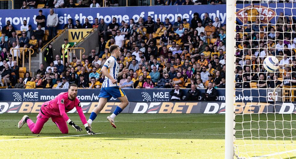 WOLVERHAMPTON, ENGLAND - MAY 10: Brighton & Hove Albion's Brajan Gruda scoring his side's second goal past Wolverhampton Wanderers' goalkeeper Jose Sa during the Premier League match between Wolverhampton Wanderers FC and Brighton & Hove Albion FC at Molineux on May 10, 2025 in Wolverhampton, England. (Photo by Andrew Kearns - CameraSport via Getty Images)