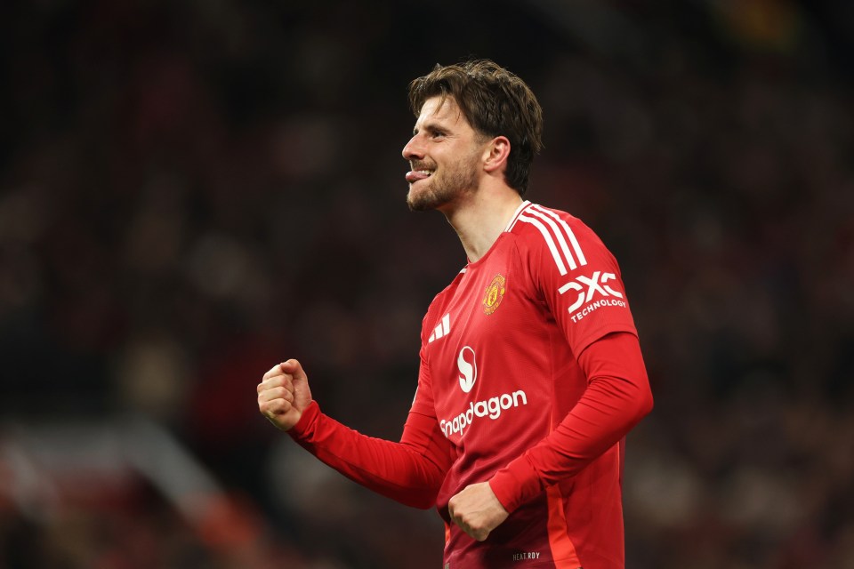 MANCHESTER, ENGLAND - MAY 08: Mason Mount of Manchester United celebrates scoring his team's first goal during the UEFA Europa League 2024/25 Semi Final Second Leg match between Manchester United and Athletic Club at Old Trafford on May 08, 2025 in Manchester, England. (Photo by Carl Recine - UEFA/UEFA via Getty Images)
