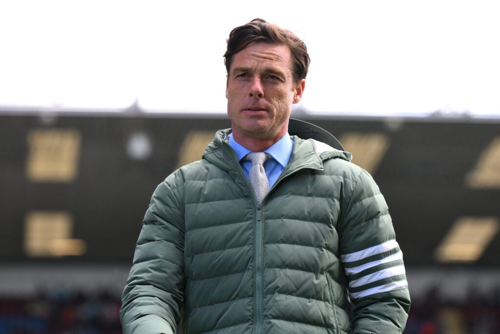 Scott Parker, Manager of Burnley, looks on during the Sky Bet Championship match between Burnley FC and Millwall FC at Turf Moor on May 03, 2025 in...