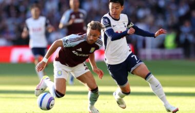 Matty Cash of Aston Villa is challenged by Son Heung-Min of Tottenham Hotspur during the Premier League match between Aston Villa FC and Tottenham ...