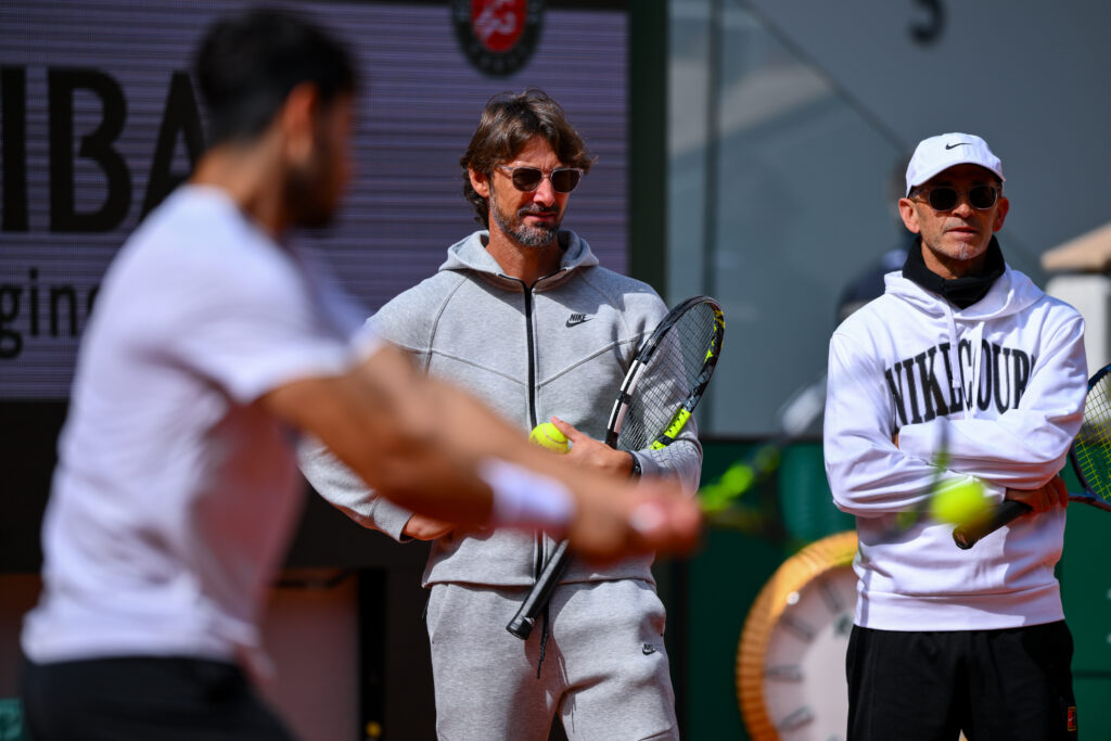 Carlos Alcaraz, Samuel Lopez, and Juan Carlos Ferrero seen in training ahead of the 2025 French Open