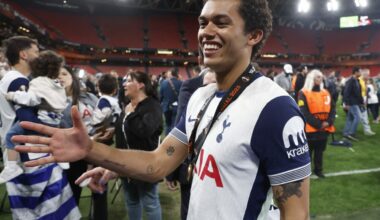 Brennan Johnson of Tottenham celebrates the victory following the UEFA Europa League Final 2025 between Tottenham Hotspur and Manchester United at ...