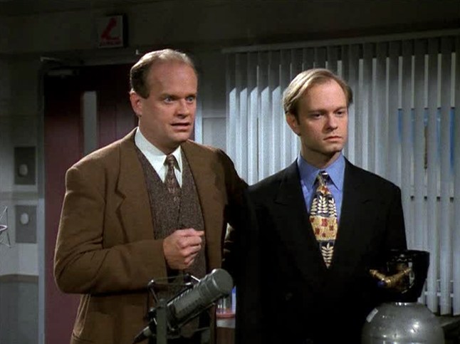 Frasier stars Kelsey Grammer and David Hyde Pierce next to each other in a scene.