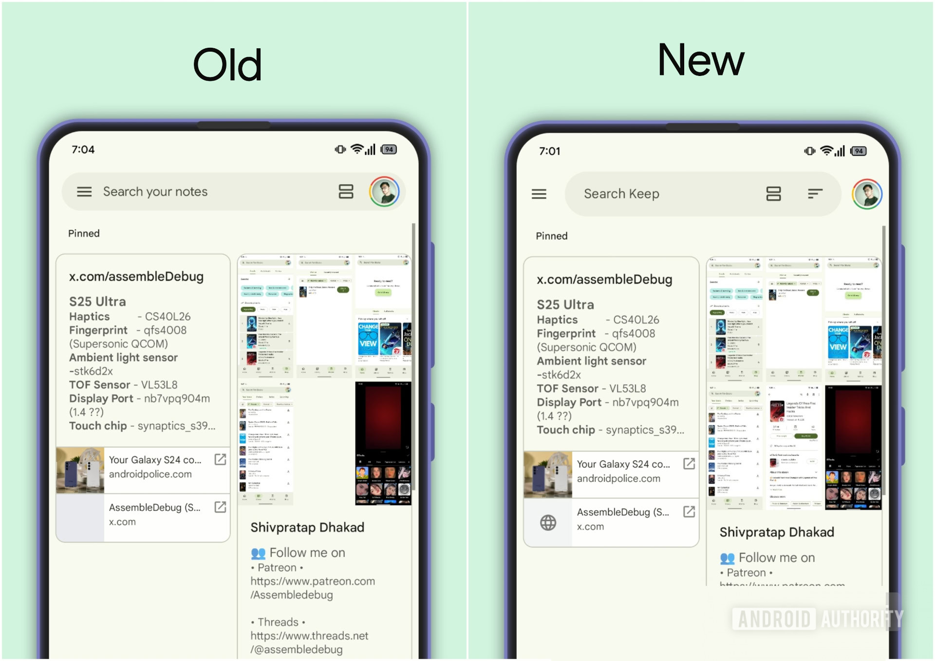 Google Keep Material 3 Expressive comparison