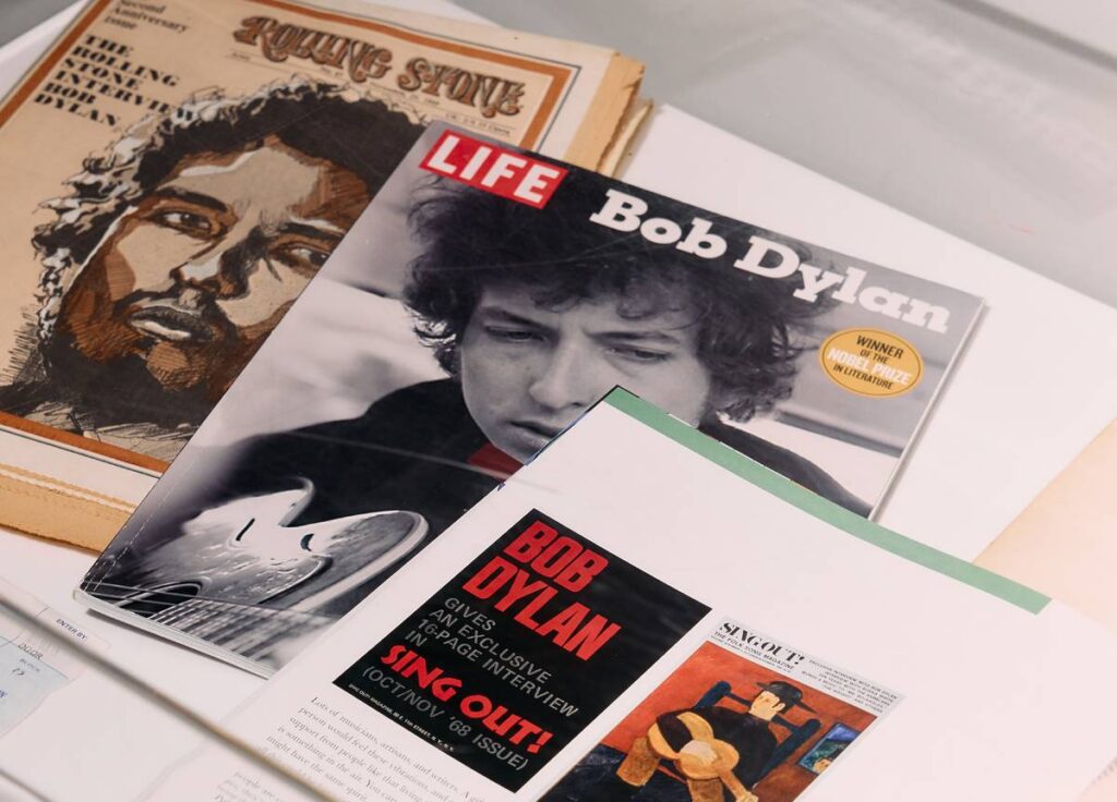 Bob Dylan on the cover of Life Magazine among other pieces at the exhibition in London