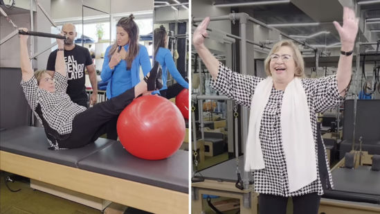 Helen, 85, acing the pilates game in a recent video.