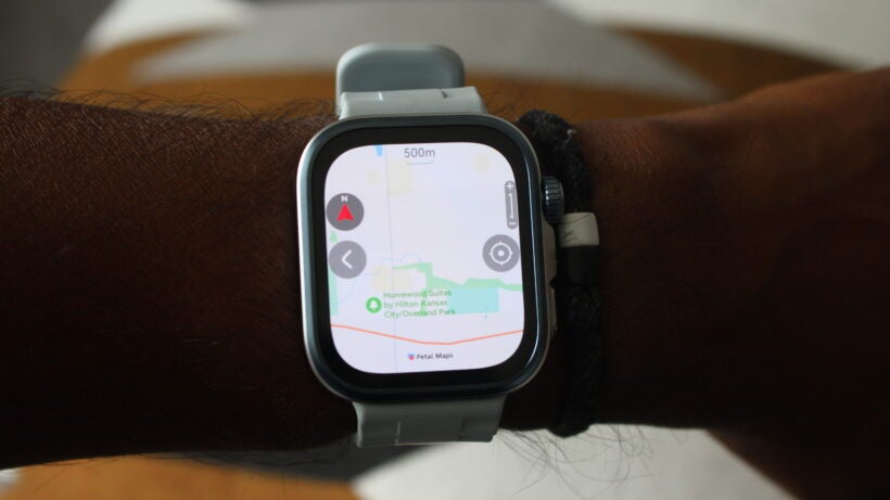Huawei watch Fit 4 Pro on wrist with maps