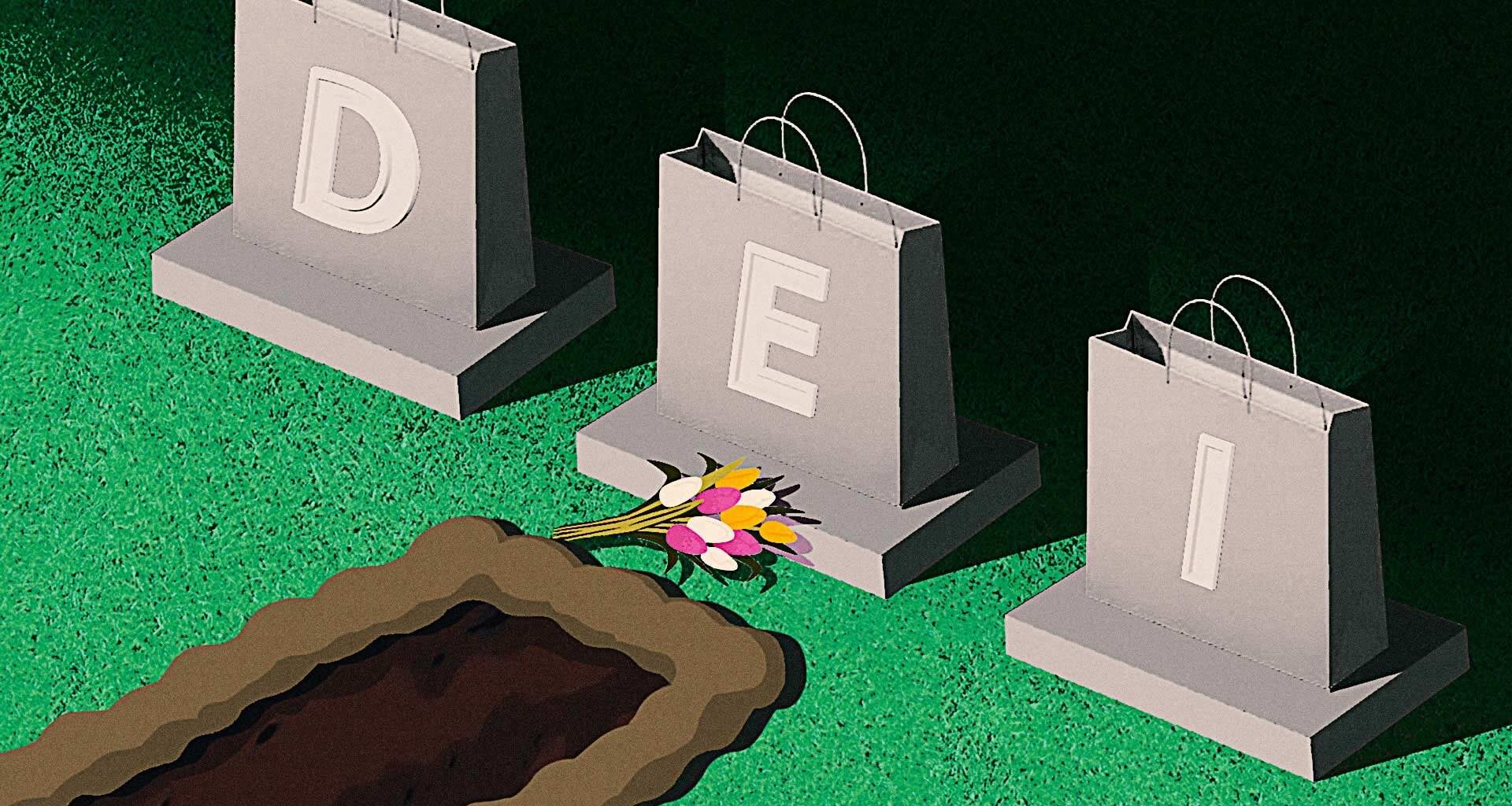 Three gray shopping bags labeled "D," "E," and "I" stand upright by a grave with a bouquet of flowers placed in front of them on green grass.