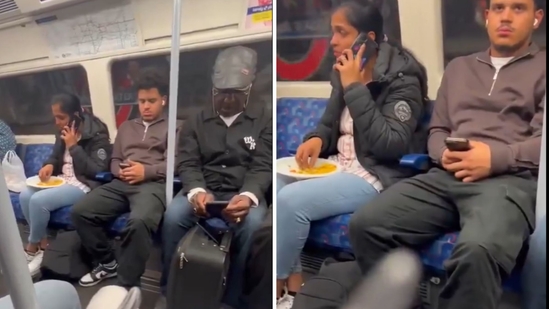 A woman in London was spotted eating with bare hands and talking on the phone. (Screengrab (X))
