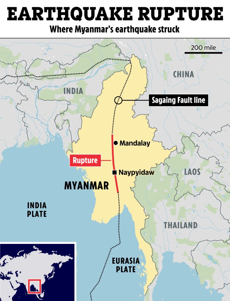 Map of Myanmar showing earthquake rupture along the Sagaing Fault line.
