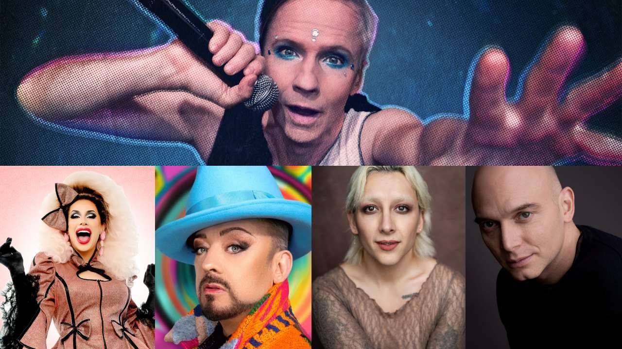 John Cameron Mitchell concert London. Divina de Campo, Boy George (Photo Dean Stockings, Mason Alexander Park, Michael Cerveris (Photo Gino Domenico). Other photos via agents