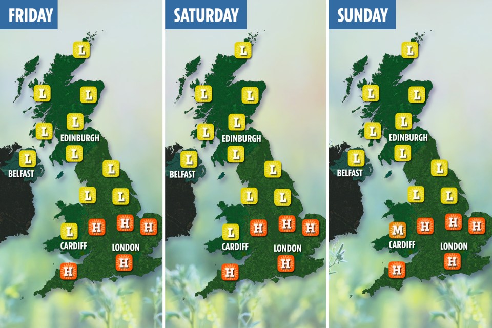 Pollen forecast map for UK: Friday, Saturday, and Sunday.