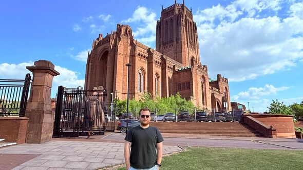 Kris Boratyn in front of the Liverpool Cathedral
