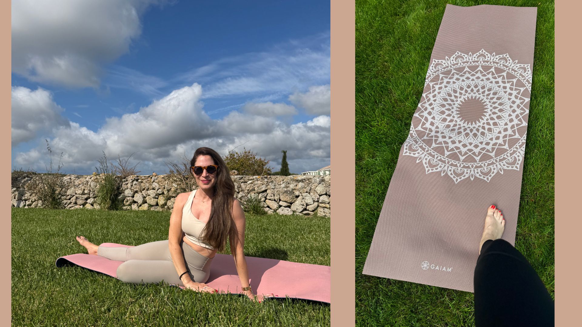 Anna Bartter sitting on yoga mat in garden next to wall, wearing workout clothes and sunglasses, with foot on mat