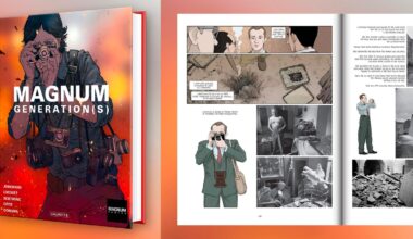 A graphic novel titled "Magnum Generation(s)" with a cover illustration of a photographer taking a picture. Next to it are two open pages showing comic-style panels of photographers and war scenes.